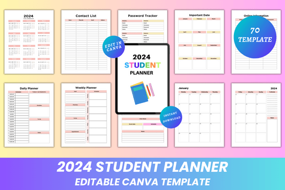 Download Editable 2024 Student Planner Canva KDP - Student planner Collection