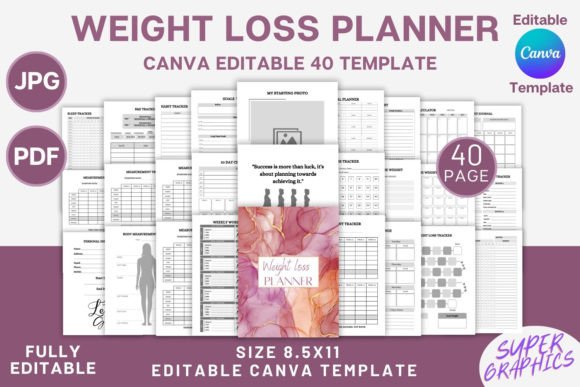 Download Weight Loss Planner Bundle Canva KDP - Weight loss planner Collection